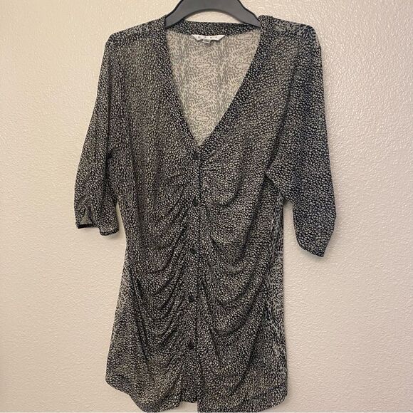 CAbi Sheer mesh black animal print Gathered Placket Blouse button front Size L - Picture 2 of 10
